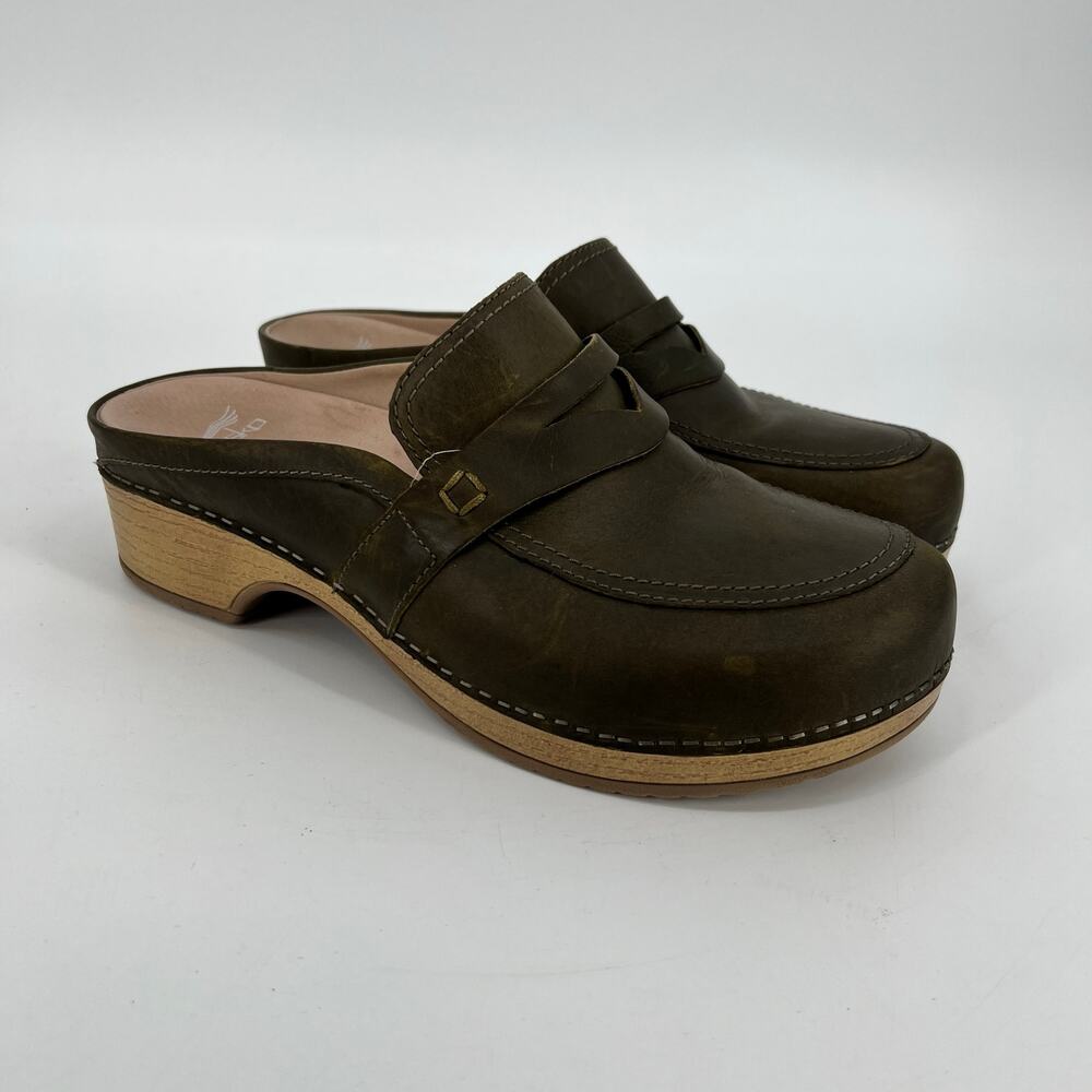 Dansko Bel Mule Penny Loafer Womens EU 41 US 10.5-11 Olive Green Leather Clog